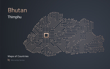 Bhutan Map with a capital of Thimphu Shown in a Microchip Pattern with processor. E-government. World Countries vector maps. Microchip Series	