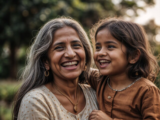 Naklejka premium Indian mother and daughter smiling happily outside