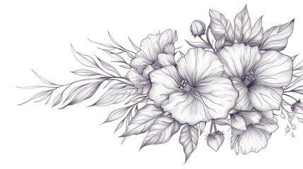 A delicate line drawing of a floral bouquet with detailed petals and leaves, evoking a sense of elegance and natural beauty