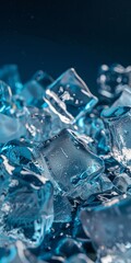 Ultra-realistic photograph of a pile of ice cubes, blue tones, ultra-high definition, unbelievably cool uhd 32k 