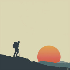 silhouette of a person, hiking, hill,, mountain,  sun, sunset, sunrise