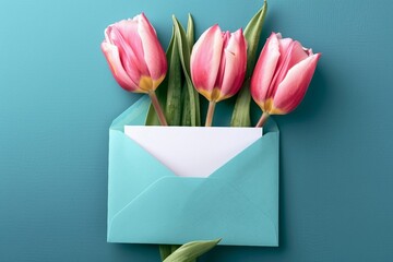 Three pink tulips in turquoise envelope on turquoise background. Mockup with white card. Flat lay, top view. generative ai.
