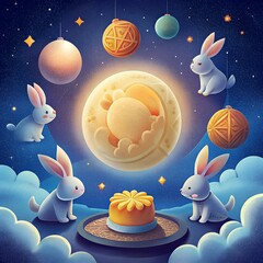 Mid Autumn festival 3d illustration. Jade rabbits pounding mochi on a glass disc in night sky. Moon cake and pieces floating around. Translation: Happy mid autumn festival. August 15th