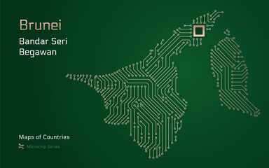 Brunei Map with a capital of Bandar Seri Begawan Shown in a Microchip Pattern with processor. E-government. World Countries vector maps. Microchip Series	