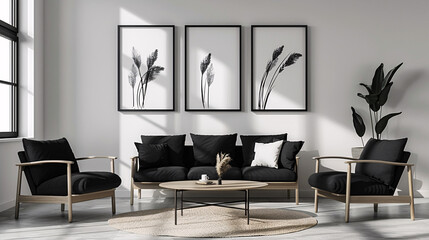 Scandinavian style wall art with abstract plant designs in black and white