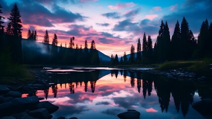 Obraz premium Serene lake at twilight with a vibrant sky reflecting amidst evergreen trees and mountains, generating a peaceful and calming atmosphere.