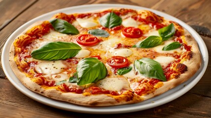 A delightful Italian pizza margherita with a thin crust, fresh tomato sauce, mozzarella cheese, and basil leaves