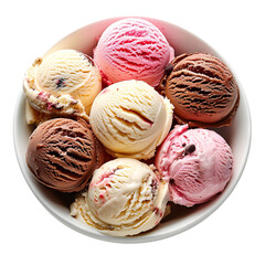 A bowl of assorted ice cream scoops including chocolate, vanilla, and strawberry flavors, presented in a white bowl.
