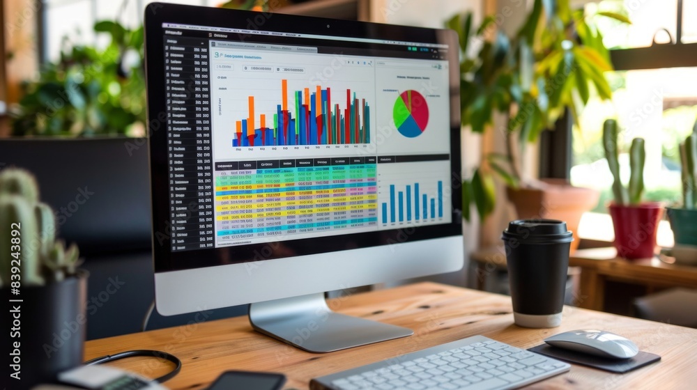 Leinwandbilder a desktop computer screen displaying a spreadsheet with colorful business graphs and charts, symboli