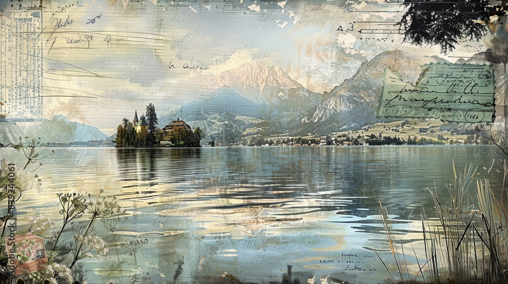 Sticker Tranquil Lake Scene with Ephemera Border in Retro Style