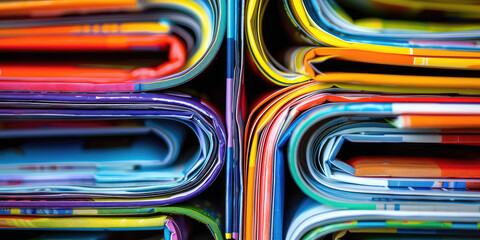 Closeup of brightly colored sheets of stacks of glossy magazines, abstract background