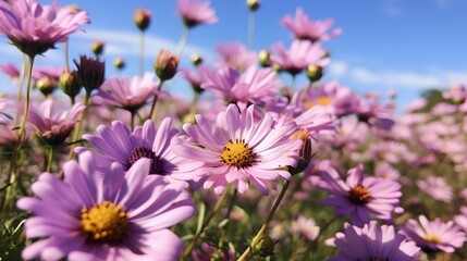 Obraz premium A vibrant field of pink daisies in full bloom under a clear blue sky, capturing the essence of spring's beauty.