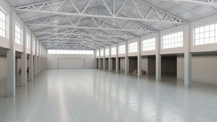 3D render of empty exhibition space. backdrop for exhibitions and events.Interior of empty warehouse