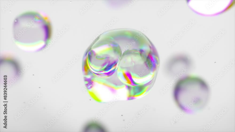 Poster 3d animation of liquid bubbles merging. the components of a macro shot combine to create a serum. a 