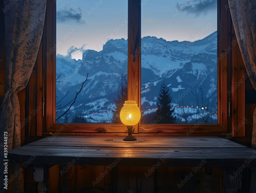 Poster view of the moutains through wooden small country home, a round table lamp