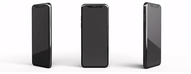 Artistic 3D Vector Illustration of Three Black Blank Smartphone Mockups in Various Angles on White Background
