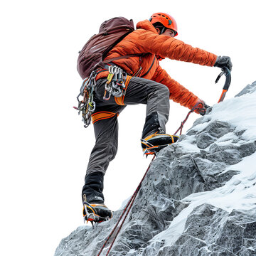 Climber in orange jacket scaling an icy mountain face with climbing gear, demonstrating extreme sports and adventure in a challenging winter terrain.