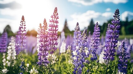 Obraz premium A vibrant field of lupine flowers in full bloom, with purple and white blossoms under a bright sunny sky, brings nature alive in summer.