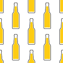 Beer bottles vector seamless pattern. Stylized yellow icons with black outline on white background.