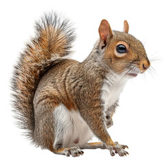 Fototapeta premium Close-up of a cute squirrel with a bushy tail on a white background. Perfect for wildlife, nature, and animal-themed content.