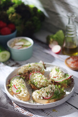 A plate with sandwiches with cottage cheese, radish and cucumber in rustic style
