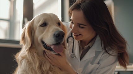 n a modern veterinary clinic, a beautiful female veterinarian lovingly pets a healthy golden retriever, ensuring a comforting and thorough check-up.