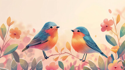 Obraz premium Spring-themed vector art featuring birds and plants in a minimalist style