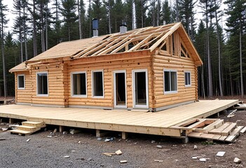 wooden cabin cruiser under construction, house design architecture in the woods