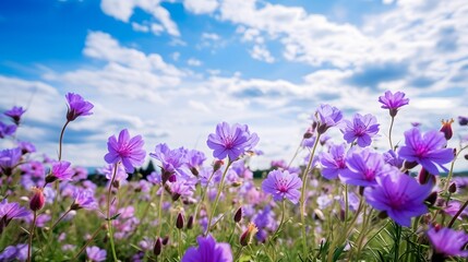 Wide-angle view of a beautiful meadow with vibrant purple wildflowers under a bright blue sky with fluffy white clouds.