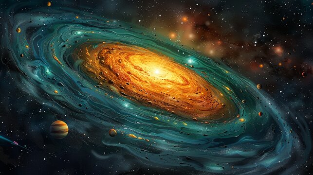 A detailed depiction of a protostar surrounded by an accretion disk, with small, bizarre life forms drifting in the forming solar system. Flat color illustration, shiny, Minimal and Simple,