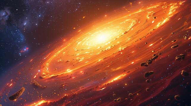 A detailed depiction of a protostar surrounded by an accretion disk, with small, bizarre life forms drifting in the forming solar system. Flat color illustration, shiny, Minimal and Simple,