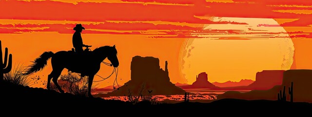 Naklejka premium A cowboy riding a horse in silhouette a desert landscape sunset background