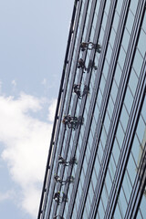 Professional window cleaning working in tower business center	