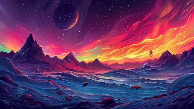 An illustration of a colorful aurora on an alien planet, with tiny, peculiar life forms resembling insect-cell hybrids floating in the magnetic field. Flat color illustration, shiny, Minimal and