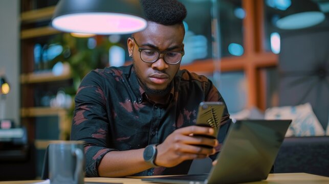 Focused Man Working on Laptop and Smartphone in Modern Cafe
