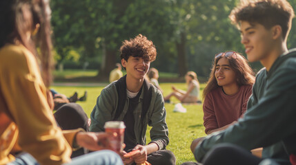 Obraz premium Teenagers chilling at a local park, engaging in lively conversations and sharing snacks on a sunny day.