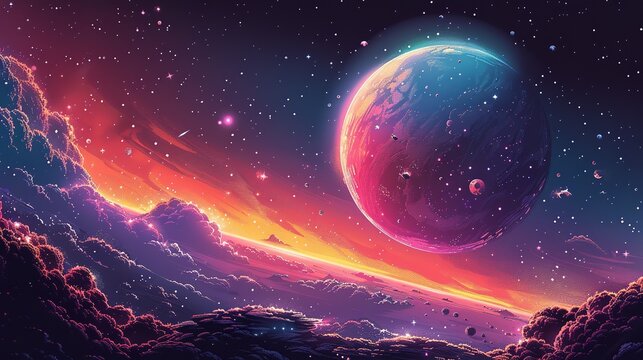 A flat color drawing of a rogue planet drifting through space, with peculiar, small life forms clinging to its surface and atmosphere. Flat color illustration, shiny, Minimal and Simple,