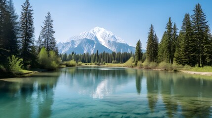 Serene mountain landscape with a crystal-clear lake, towering pine trees, and a snow-capped peak under a bright blue sky on a tranquil day.