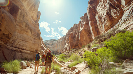 A group of friends hiking through a canyon, navigating the rugged terrain and marveling at the towering rock walls.