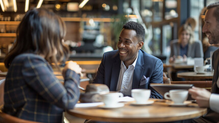 Colleagues having a morning coffee meeting at a stylish cafÃ©, discussing business ideas and strategies in a relaxed setting.