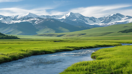 The natural landscape of green grassland and distant snow-capped mountains under the blue sky.