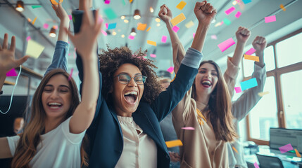 A diverse team celebrating their success in a modern office, with a sense of accomplishment and unity as they enjoy the moment together.