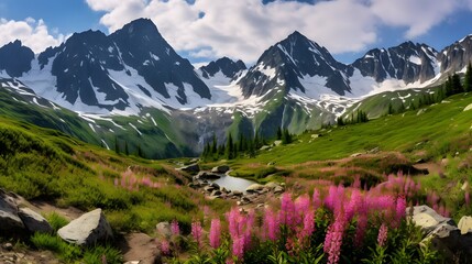 Breathtaking view of snow-capped mountains with lush green meadows and vibrant pink flowers in a serene alpine landscape.