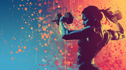 abstract popart style banner of a female bodybuilder with dumbbells