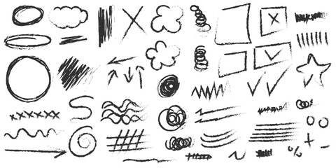 set of charcoal doodle, drawn scribble, texture illustration. vector flat design