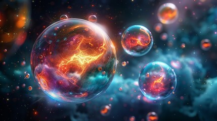 An abstract depiction of a cosmic bubble with vibrant colors and light, featuring tiny, peculiar life forms resembling a combination of insects and cells. Flat color illustration, shiny, Minimal and