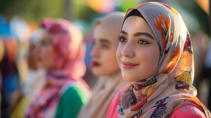Fototapeta premium A vibrant community event with modern Muslim women in hijabs, celebrating Islamic culture and traditions in a contemporary setting.