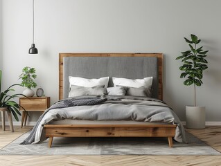 Minimalist bedroom with wooden bed frame, grey bedding, indoor plants, and modern decor. Perfect for interior design inspiration.