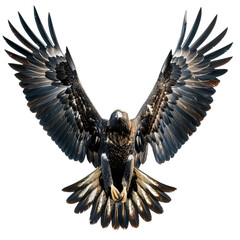 Obraz premium Majestic eagle with outstretched wings in mid-flight, showcasing its impressive plumage and powerful presence against a white background.