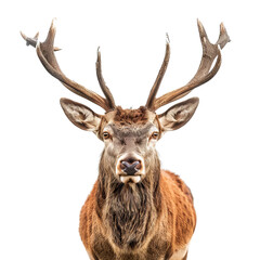 Obraz premium Majestic deer with large antlers staring directly at the camera, showcasing its regal presence and natural elegance against a plain background.